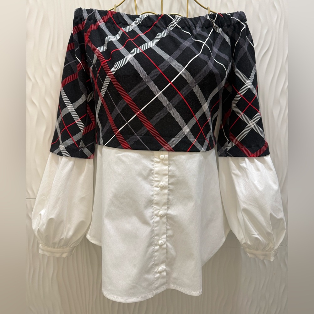 VENUS Black and Red Plaid Off-Shoulder Blouse